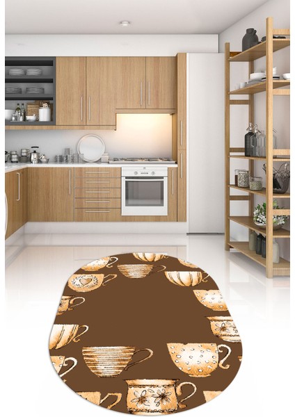 Dijital Baskılı Kaymaz Yıkanabilir Renkli Modern Oval Mutfak Halısı, N-O-Mutfak-26-Kahve,
