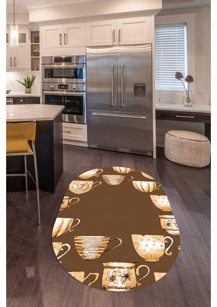 Dijital Baskılı Kaymaz Yıkanabilir Renkli Modern Oval Mutfak Halısı, N-O-Mutfak-26-Kahve,