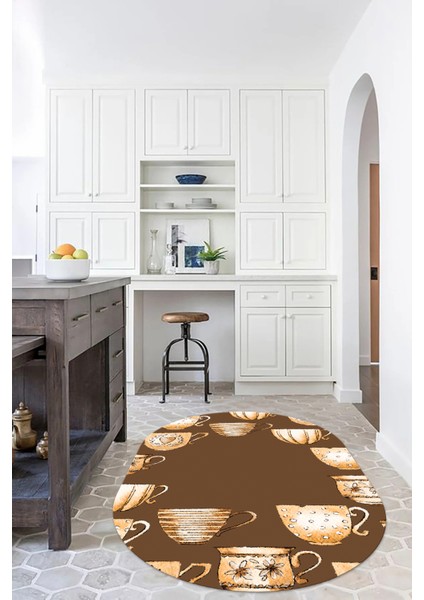 Dijital Baskılı Kaymaz Yıkanabilir Renkli Modern Oval Mutfak Halısı, N-O-Mutfak-26-Kahve,