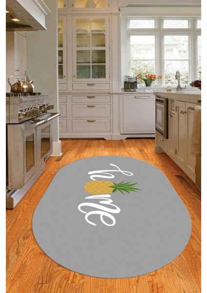 Dijital Baskılı Kaymaz Yıkanabilir Home Yazılı Oval Mutfak Halısı, N-O-Mutfak-31-Gri,