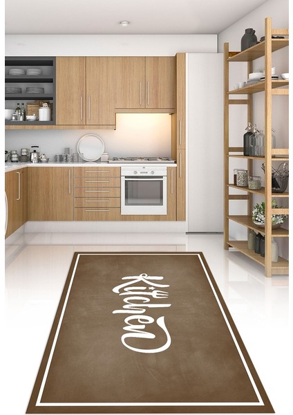 Dijital Baskılı Kaymaz Taban Yıkanabilir Kitchen Yazılı Mutfak Halısı, N-Mutfak-42-Kahve,
