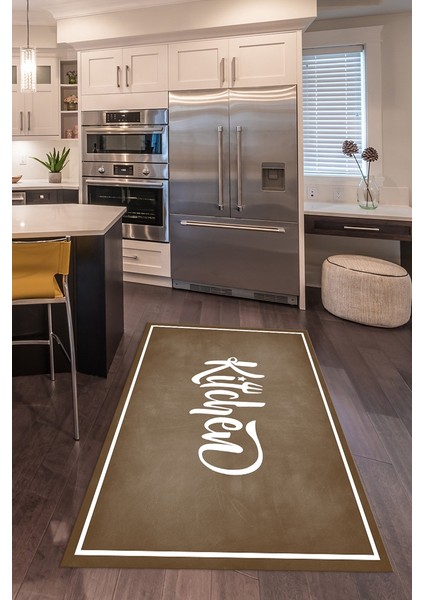 Dijital Baskılı Kaymaz Taban Yıkanabilir Kitchen Yazılı Mutfak Halısı, N-Mutfak-42-Kahve, fiyatları