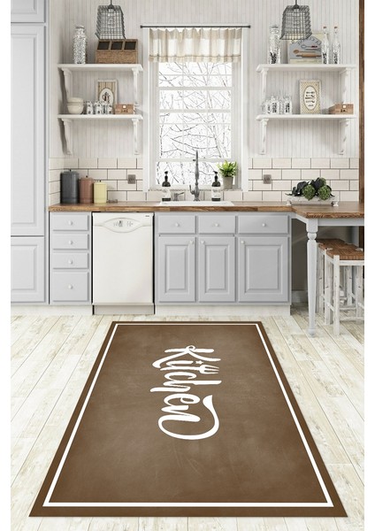 Dijital Baskılı Kaymaz Taban Yıkanabilir Kitchen Yazılı Mutfak Halısı, N-Mutfak-42-Kahve, fırsatları