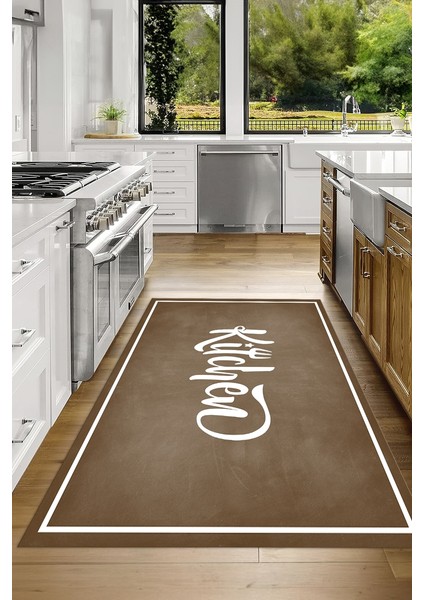 Dijital Baskılı Kaymaz Taban Yıkanabilir Kitchen Yazılı Mutfak Halısı, N-Mutfak-42-Kahve, indirimleri