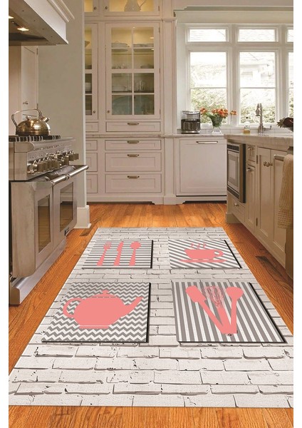Dijital Baskılı Kaymaz Taban Yıkanabilir Renkli Modern Mutfak Halısı, N-Mutfak-14-Pembe,