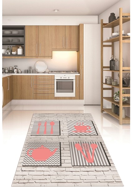 Dijital Baskılı Kaymaz Taban Yıkanabilir Renkli Modern Mutfak Halısı, N-Mutfak-14-Pembe,