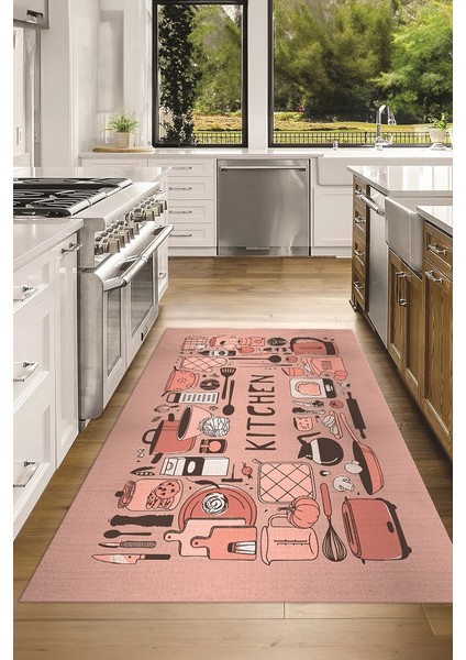 Dijital Baskılı Kaymaz Taban Yıkanabilir Renkli Modern Mutfak Halısı, N-Mutfak-17-Pembe,