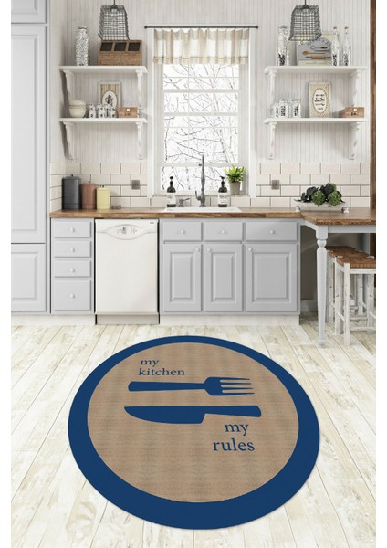 Dijital Baskılı Kaymaz Yıkanabilir Kitchen Yazılı Yuvarlak Mutfak Halısı, N-Y-Mutfak-09-Mavi,
