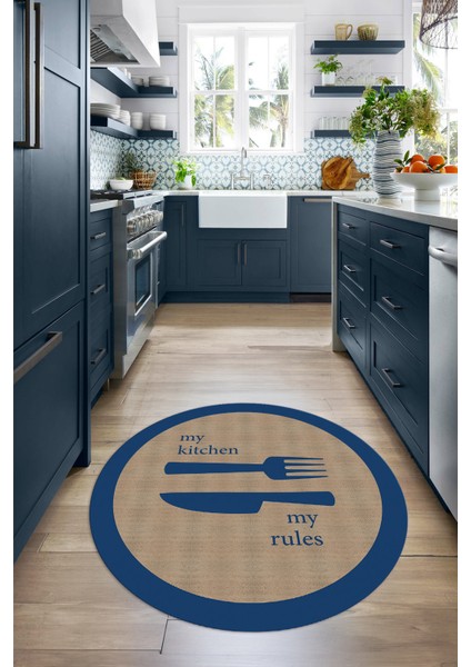 Dijital Baskılı Kaymaz Yıkanabilir Kitchen Yazılı Yuvarlak Mutfak Halısı, N-Y-Mutfak-09-Mavi, modelleri