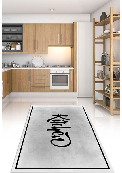 Dijital Baskılı Kaymaz Taban Yıkanabilir Kitchen Yazılı Mutfak Halısı, N-Mutfak-42-Gri,
