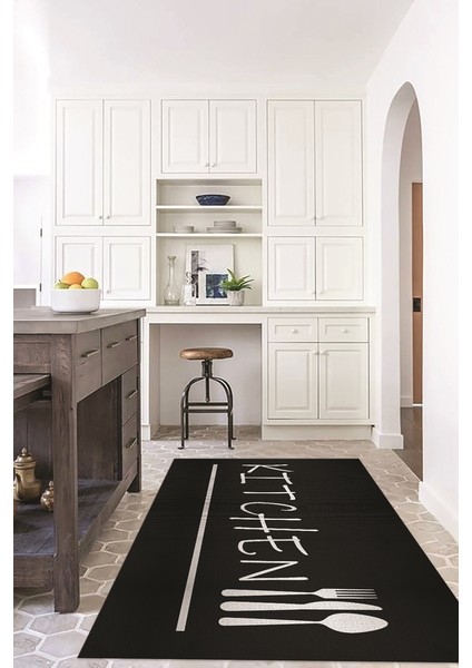 Dijital Baskılı Kaymaz Taban Yıkanabilir Kitchen Yazılı Mutfak Halısı, N-Mutfak-49-Siyah, fiyatları