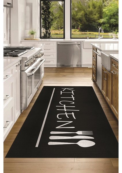Dijital Baskılı Kaymaz Taban Yıkanabilir Kitchen Yazılı Mutfak Halısı, N-Mutfak-49-Siyah, fırsatları