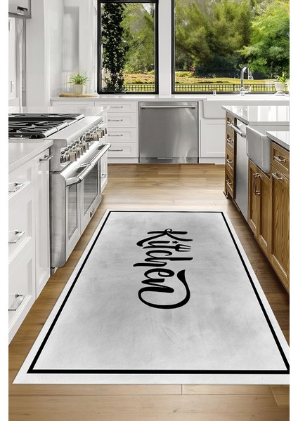 Dijital Baskılı Kaymaz Taban Yıkanabilir Kitchen Yazılı Mutfak Halısı, N-Mutfak-42-Gri, indirimleri