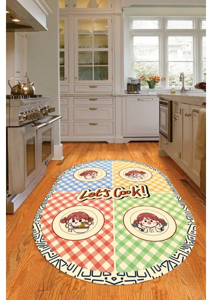 Dijital Baskılı Kaymaz Yıkanabilir Renkli Modern Oval Mutfak Halısı, N-O-Mutfak-36-Krem,