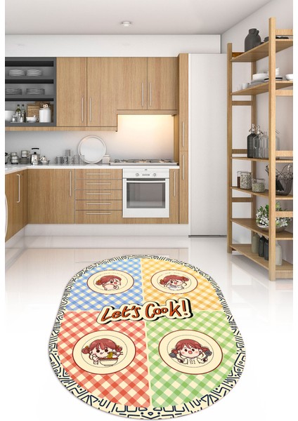 Dijital Baskılı Kaymaz Yıkanabilir Renkli Modern Oval Mutfak Halısı, N-O-Mutfak-36-Krem,