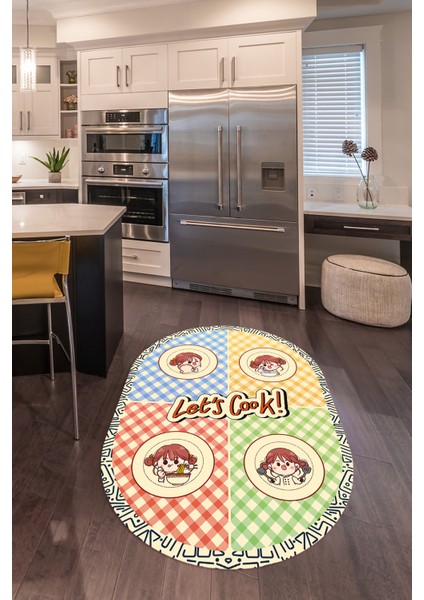 Dijital Baskılı Kaymaz Yıkanabilir Renkli Modern Oval Mutfak Halısı, N-O-Mutfak-36-Krem,