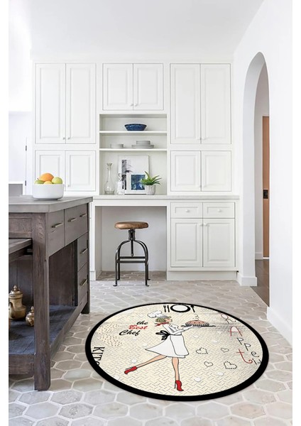 Dijital Baskılı Kaymaz Yıkanabilir Renkli Modern Yuvarlak Mutfak Halısı, N-Y-Mutfak-03-Krem,