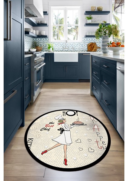 Dijital Baskılı Kaymaz Yıkanabilir Renkli Modern Yuvarlak Mutfak Halısı, N-Y-Mutfak-03-Krem, fırsatları