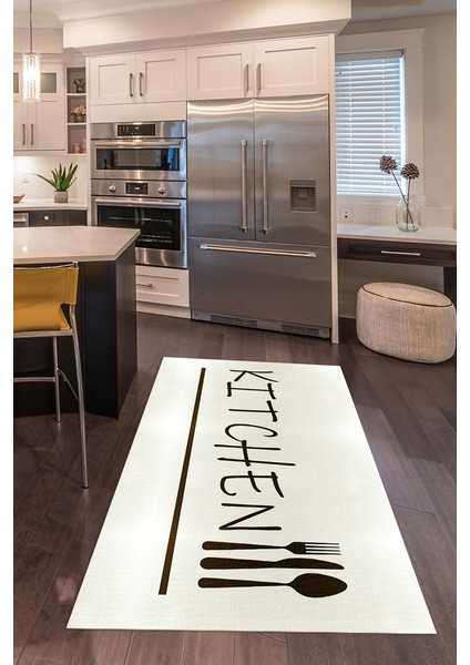 Dijital Baskılı Kaymaz Taban Yıkanabilir Kitchen Yazılı Mutfak Halısı, N-Mutfak-49-Krem,