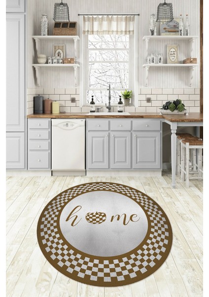 Dijital Baskılı Kaymaz Yıkanabilir Home Yazılı Yuvarlak Mutfak Halısı, N-Y-Mutfak-12-Kahve,