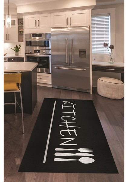 Dijital Baskılı Kaymaz Taban Yıkanabilir Kitchen Yazılı Mutfak Halısı, N-Mutfak-49-Siyah,