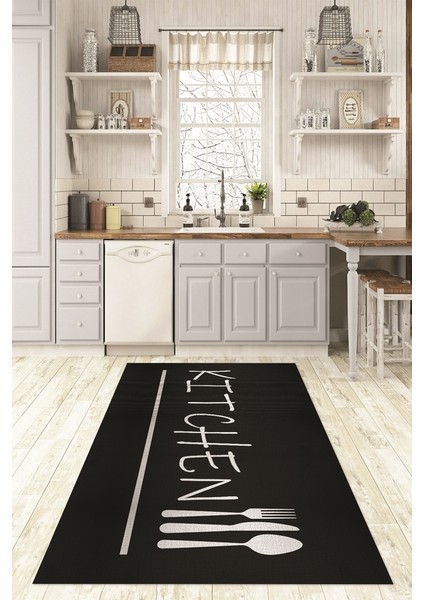 Dijital Baskılı Kaymaz Taban Yıkanabilir Kitchen Yazılı Mutfak Halısı, N-Mutfak-49-Siyah, modelleri