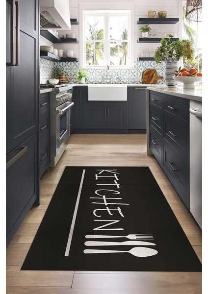 Dijital Baskılı Kaymaz Taban Yıkanabilir Kitchen Yazılı Mutfak Halısı, N-Mutfak-49-Siyah, indirimleri