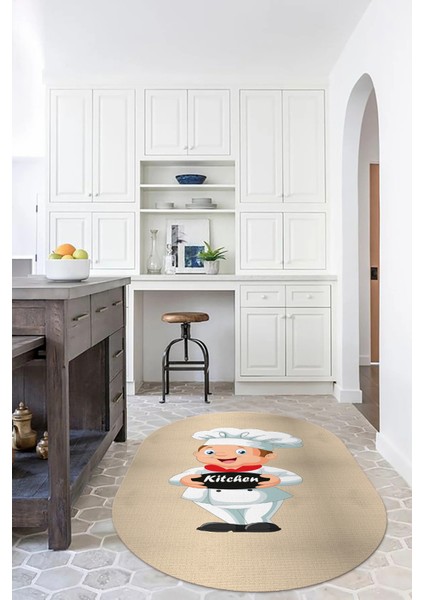 Dijital Baskılı Kaymaz Yıkanabilir Renkli Modern Oval Mutfak Halısı, N-O-Mutfak-05-Krem,