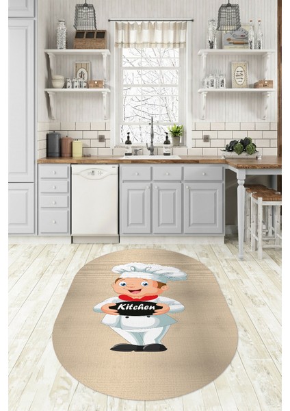 Dijital Baskılı Kaymaz Yıkanabilir Renkli Modern Oval Mutfak Halısı, N-O-Mutfak-05-Krem, fiyatları