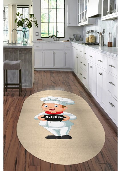 Dijital Baskılı Kaymaz Yıkanabilir Renkli Modern Oval Mutfak Halısı, N-O-Mutfak-05-Krem, indirimleri