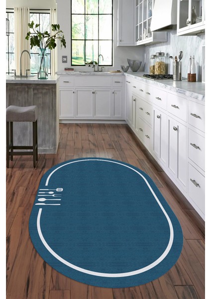 Dijital Baskılı Kaymaz Yıkanabilir Renkli Modern Oval Mutfak Halısı, N-O-Mutfak-06-Mavi, indirimleri
