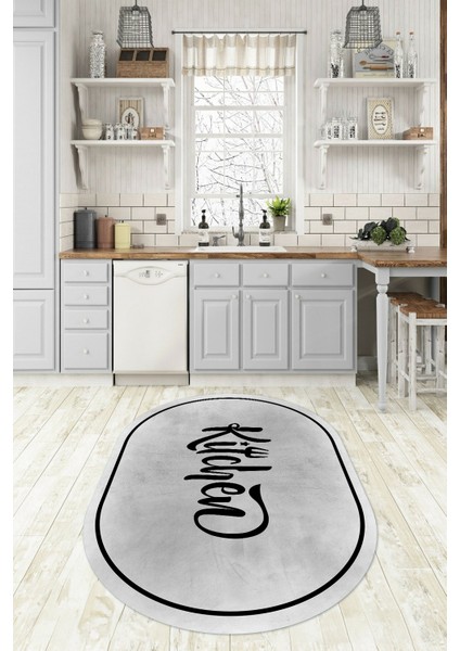 Dijital Baskılı Kaymaz Yıkanabilir Kitchen Yazılı Oval Mutfak Halısı, N-O-Mutfak-42-Gri, fırsatları