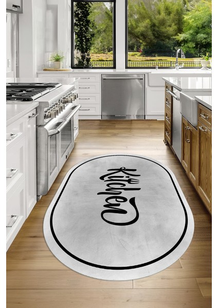 Dijital Baskılı Kaymaz Yıkanabilir Kitchen Yazılı Oval Mutfak Halısı, N-O-Mutfak-42-Gri, indirimleri