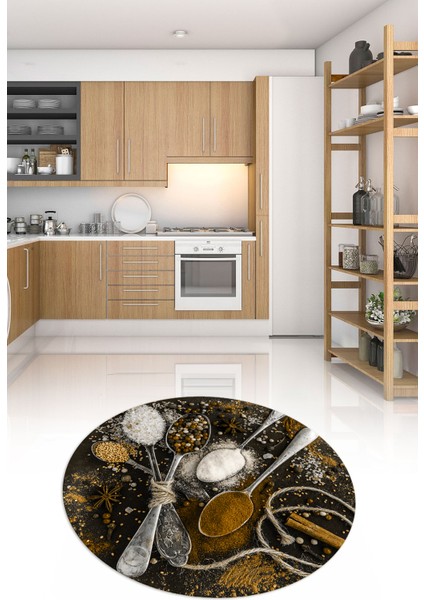 3D Dijital Baskılı Kaymaz Yıkanabilir Renkli Modern Yuvarlak Mutfak Halısı, N-Y-Mutfak-19-Kahve,
