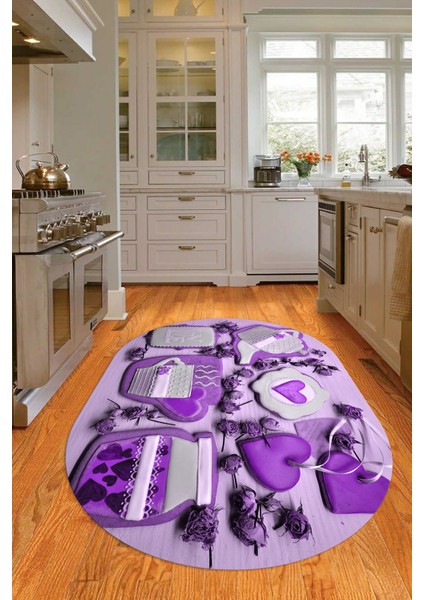 3D Dijital Baskılı Kaymaz Yıkanabilir Renkli Modern Oval Mutfak Halısı, N-O-Mutfak-34-Mor,
