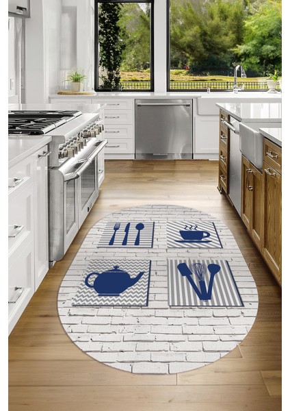 Dijital Baskılı Kaymaz Yıkanabilir Renkli Modern Oval Mutfak Halısı, N-O-Mutfak-14-Mavi,