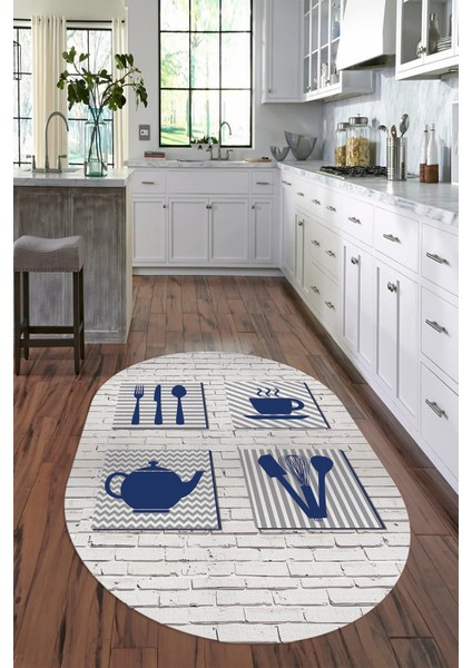 Dijital Baskılı Kaymaz Yıkanabilir Renkli Modern Oval Mutfak Halısı, N-O-Mutfak-14-Mavi,
