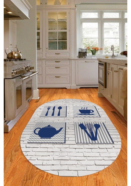 Dijital Baskılı Kaymaz Yıkanabilir Renkli Modern Oval Mutfak Halısı, N-O-Mutfak-14-Mavi,