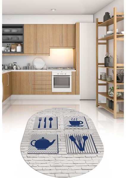 Dijital Baskılı Kaymaz Yıkanabilir Renkli Modern Oval Mutfak Halısı, N-O-Mutfak-14-Mavi,