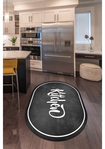 Dijital Baskılı Kaymaz Yıkanabilir Kitchen Yazılı Oval Mutfak Halısı, N-O-Mutfak-42-Antrasit, fiyatları
