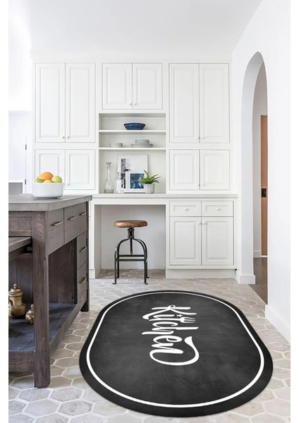 Dijital Baskılı Kaymaz Yıkanabilir Kitchen Yazılı Oval Mutfak Halısı, N-O-Mutfak-42-Antrasit, modelleri