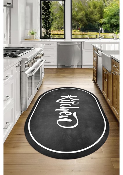 Dijital Baskılı Kaymaz Yıkanabilir Kitchen Yazılı Oval Mutfak Halısı, N-O-Mutfak-42-Antrasit, indirimleri