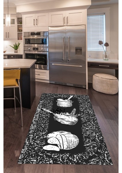 3D Dijital Baskılı Kaymaz Taban Yıkanabilir Renkli Modern Mutfak Halısı, N-Mutfak-45-Antrasit,