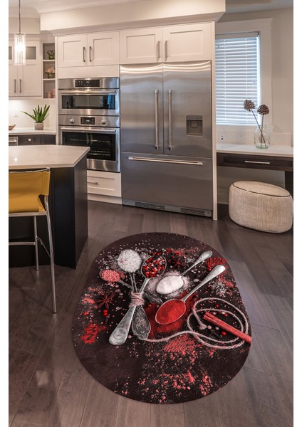 3D Dijital Baskılı Kaymaz Yıkanabilir Renkli Modern Oval Mutfak Halısı, N-O-Mutfak-19-Kırmızı, indirimleri