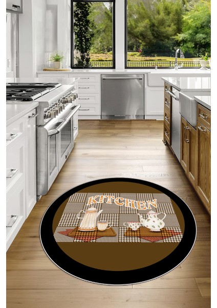 Dijital Baskılı Kaymaz Yıkanabilir Kitchen Yazılı Yuvarlak Mutfak Halısı, N-Y-Mutfak-18-Kahve,