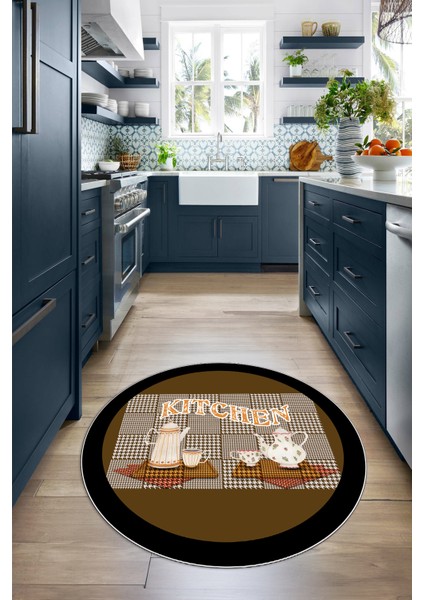 Dijital Baskılı Kaymaz Yıkanabilir Kitchen Yazılı Yuvarlak Mutfak Halısı, N-Y-Mutfak-18-Kahve,