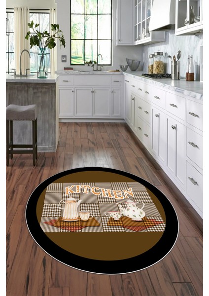 Dijital Baskılı Kaymaz Yıkanabilir Kitchen Yazılı Yuvarlak Mutfak Halısı, N-Y-Mutfak-18-Kahve,