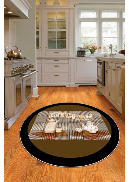 Dijital Baskılı Kaymaz Yıkanabilir Kitchen Yazılı Yuvarlak Mutfak Halısı, N-Y-Mutfak-18-Kahve,