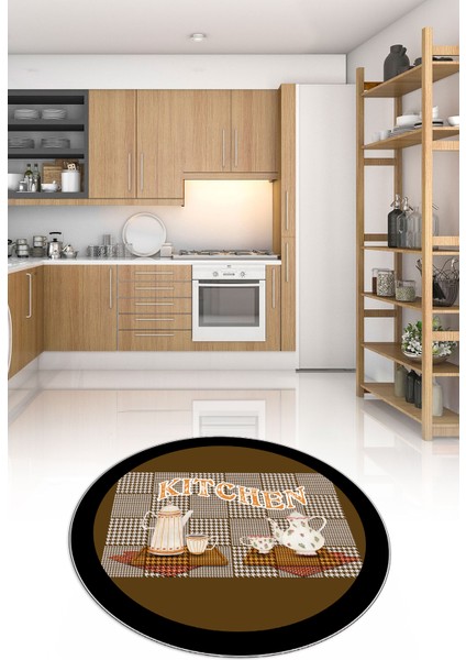 Dijital Baskılı Kaymaz Yıkanabilir Kitchen Yazılı Yuvarlak Mutfak Halısı, N-Y-Mutfak-18-Kahve,