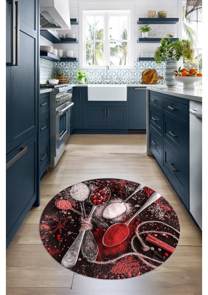 3D Dijital Baskılı Kaymaz Yıkanabilir Renkli Modern Yuvarlak Mutfak Halısı, N-Y-Mutfak-19-Kırmızı,